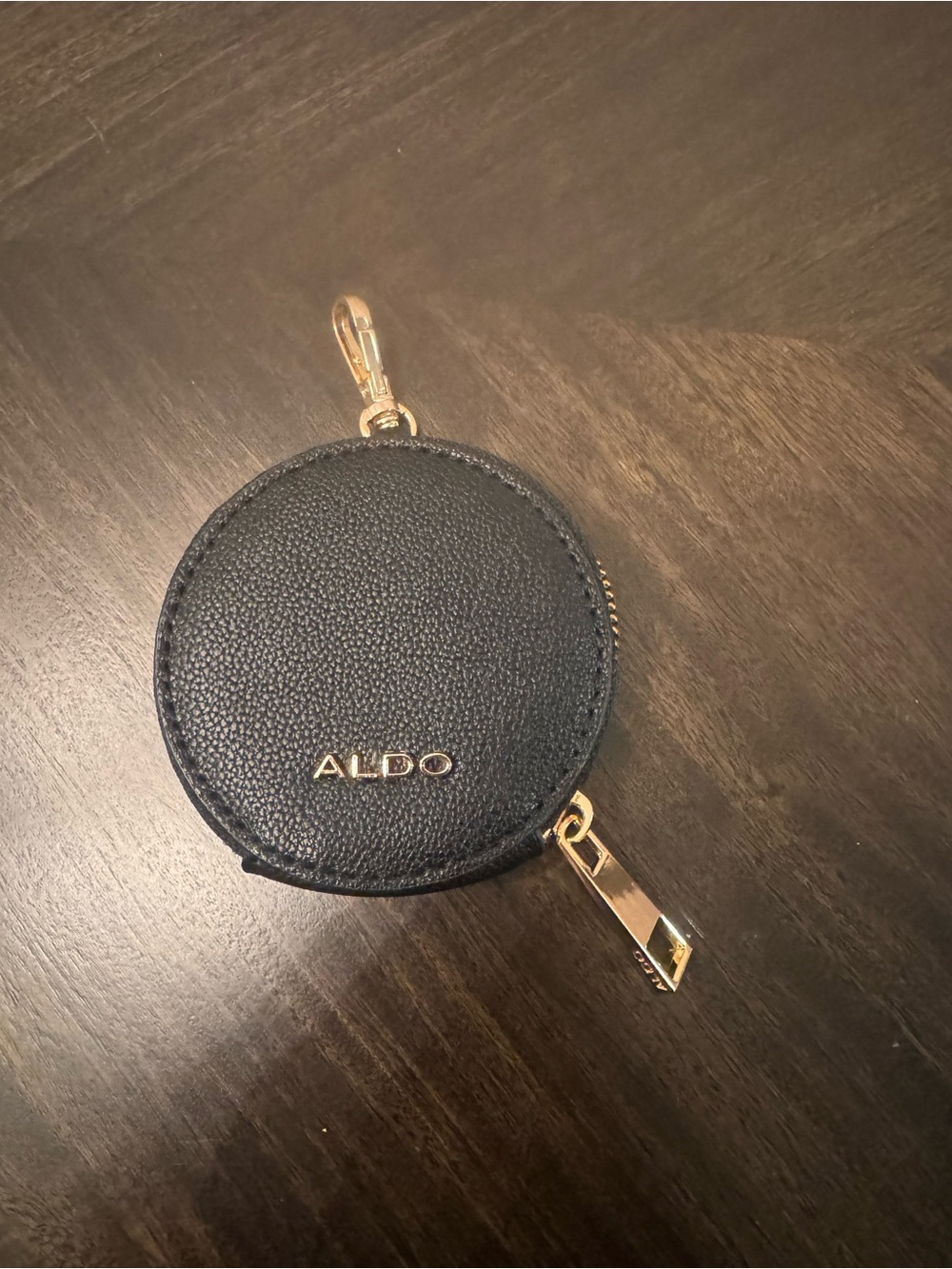 Aldo Black Round Zip Key & Card Holder with Gold Hardware